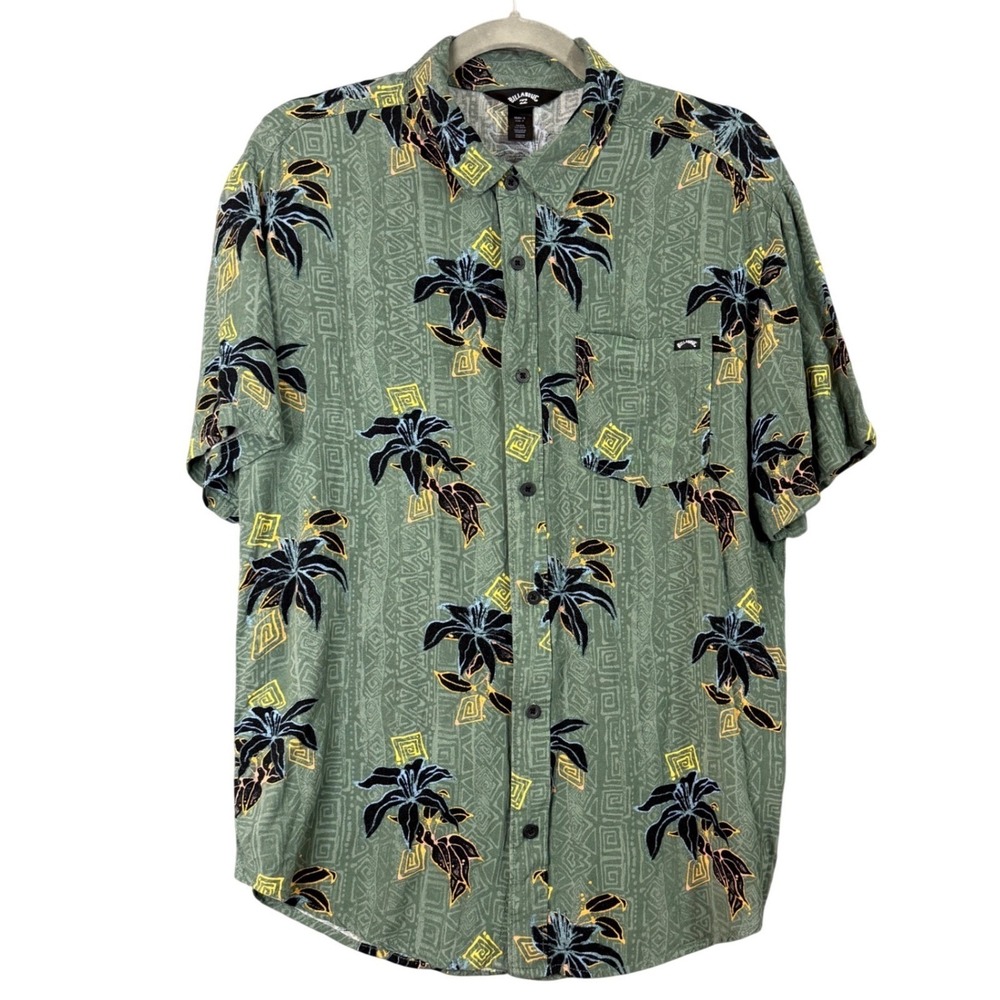 Billabong Men's‎ Short Sleeve Button Up Shirt Green Tropical Floral Size Large